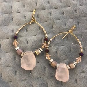 Rose Quartz & Crystal Beaded Hoop Earrings,NWT